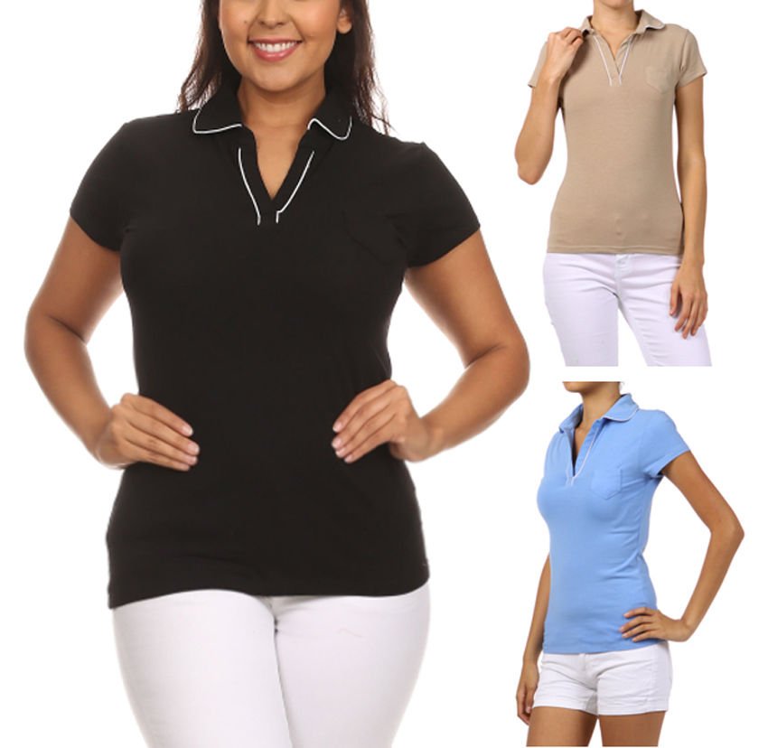 Stretchy Cotton Blend Top Collared Polo Shirt with Pipe Trimming