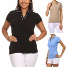 Stretchy Cotton Blend Top Collared Polo Shirt with Pipe Trimming