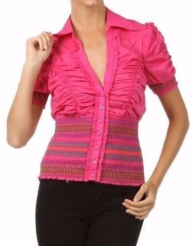 Button Down Smock Shirt Short Sleeve Ruched Top