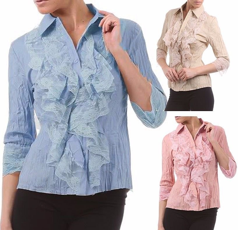 Crinkled Button Down Shirt w/ Ruffles Cotton Blend Top Collared Blouse
