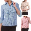 Crinkled Button Down Shirt w/ Ruffles Cotton Blend Top Collared Blouse