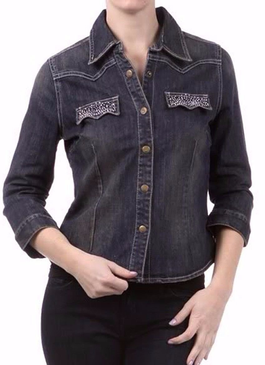 Distressed Rhinestone Heavy Denim Button Down Shirt
