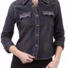 Distressed Rhinestone Heavy Denim Button Down Shirt