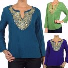 100% Cotton Gold Sequin Trim Neckline Crinkled Blouse