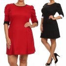 Woman's 3/4 Puff Sleeve Color Block Knee-Length Dress