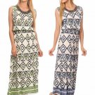 Sleeveless Geometric Triangle Print Maxi Boho Peasant Dress w/ Beaded Neckline