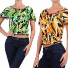 Floral Print Slinky Cropped Top w/ Cut-out Sleeves