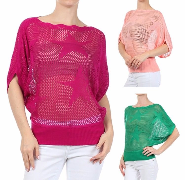 Oversized  Knit Top Light Crotchet Sweater w/ Star Detailing