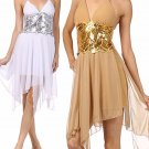 New Halter Dress w/ Sequin Bodice & Chiffon Asymmetric Shark Bite Hem