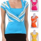 100% Cotton Top Striped Cap Sleeve V-Neck Banded T-Shirt by Fashion Central