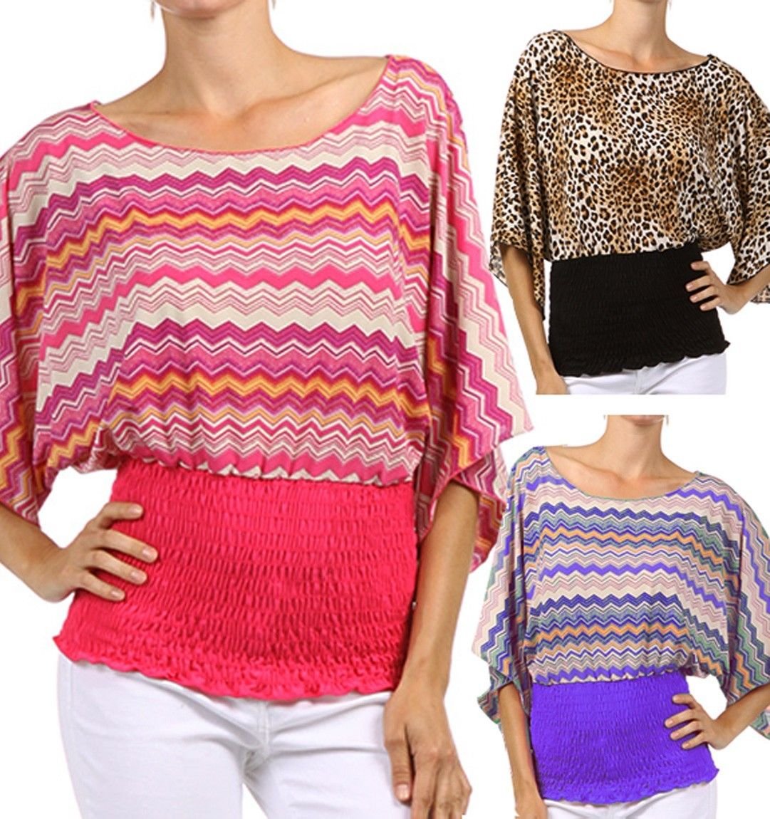 New Multi Printed Blouse W/ Wide Dolman Sleeves Slinky Smock Boat Collar Top