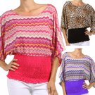 New Multi Printed Blouse W/ Wide Dolman Sleeves Slinky Smock Boat Collar Top