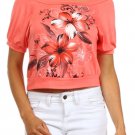 Boat Collar Hawaiian Floral Print Top with 3/4 Sleeves
