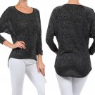 Metallic Lurex 3/4 Dolman Sleeve Blouse High Low Asymmetical Faux Leather Top