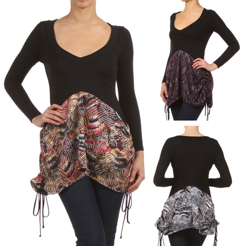 Long Sleeve V-Neck Pattern Tunic Top w/ Tie on Sides by Fashion Central