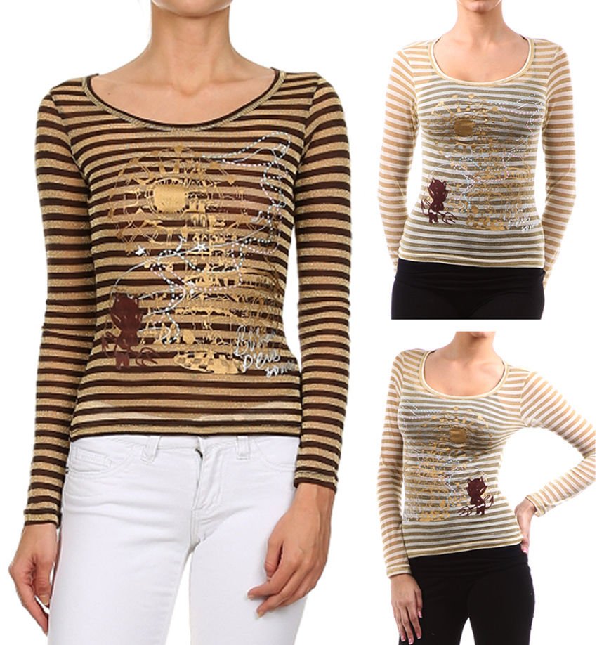 Baby Devil Fitted Long Sleeve T-Shirt Gold Striped Graphic Top Fashion Central
