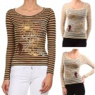 Baby Devil Fitted Long Sleeve T-Shirt Gold Striped Graphic Top Fashion Central