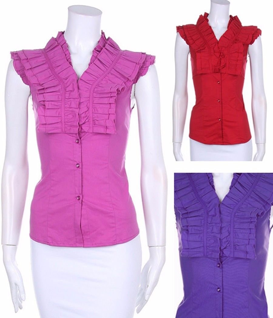 Button Down Shirt Cotton Sleeveless Ruffled Top by Toxic & Fashion Central