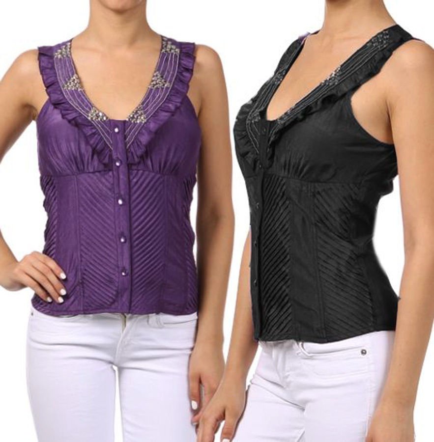 New Sleeveless Button Down Blouse V-Neck Studded Cotton Top w/ Ruffle Trim