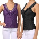 New Sleeveless Button Down Blouse V-Neck Studded Cotton Top w/ Ruffle Trim