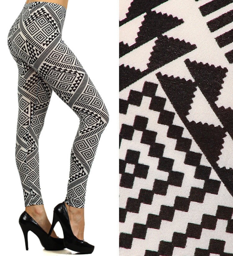 White Black Aztec Diamond Pyramid Printed Leggings w/ Elastic Waist