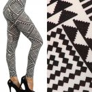 White Black Aztec Diamond Pyramid Printed Leggings w/ Elastic Waist