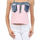Cotton Sleeveless Tank Top w/ Denim & Zipper Detailing