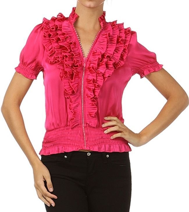 Ruffled Blouse w/ Rhinestone Zipper Short Sleeve Smock Top