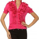 Ruffled Blouse w/ Rhinestone Zipper Short Sleeve Smock Top