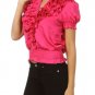 Ruffled Blouse w/ Rhinestone Zipper Short Sleeve Smock Top