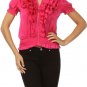Ruffled Blouse w/ Rhinestone Zipper Short Sleeve Smock Top