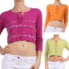 Cropped Knit Top 3/4 Sleeve Midriff Sweater with Floral Embroidery by Black Cat