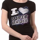 New Metallic "I Love Super Heroes" Rhinestone T-Shirt Graphic Top