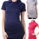 Short Sleeve Fitted Turtleneck Cable Knit Sweater Tunic Top w/ Button Detail