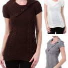 Short Sleeve Ultra Fitted Sweater Cable Knit Cotton Top w/ Fold-over Neck