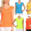 Cap Sleeve Ribbed Henley Top with Mini Pocket