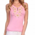 Casual Fitted Sleeveless Sequin Embroidered & Beaded Tank Top w/ Button Detail