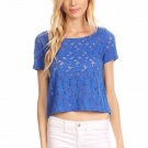 Short Sleeve Relaxed Fit Lace Crop Top with Button Detailing on Back