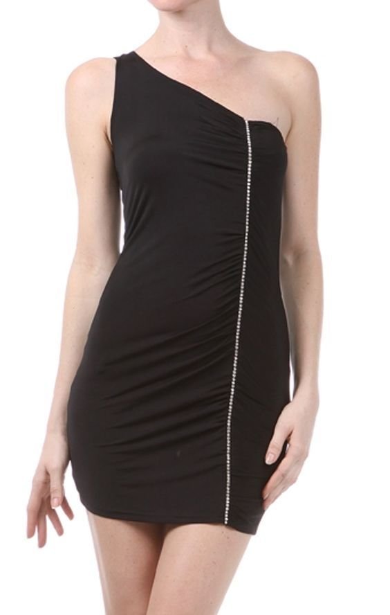 One Shoulder LBD Rhinestone Clubwear Ruched Little Black Micro Mini Dress