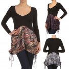 Long Sleeve V Neck Pattern Tunic Top w/ Tie on Sides