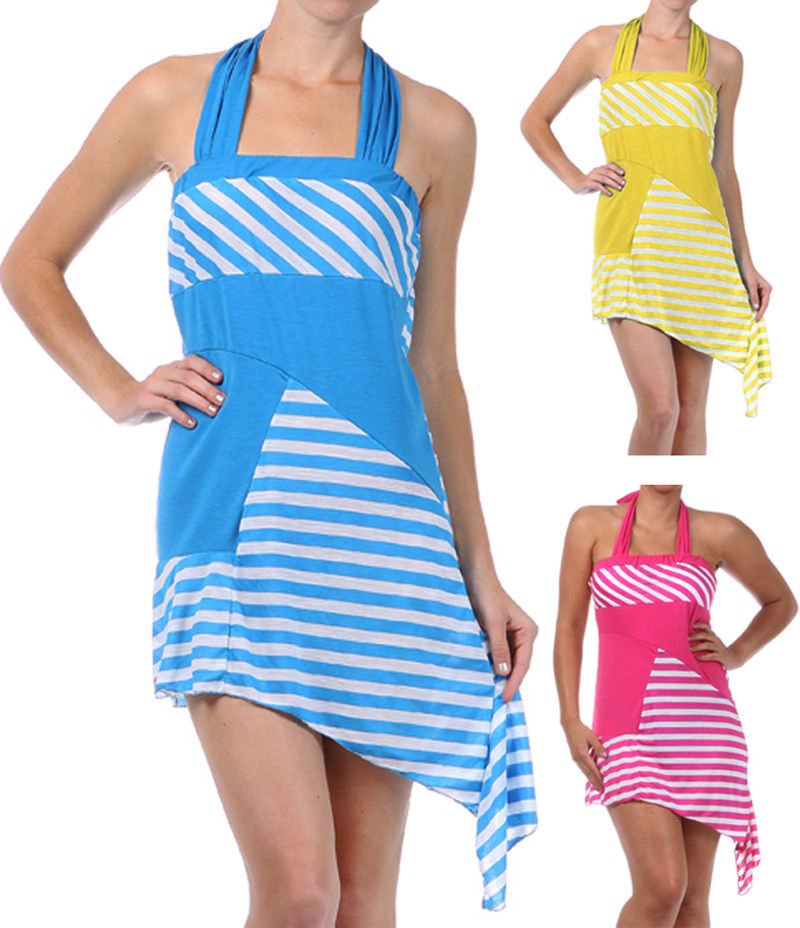 Asymmetric Hem Striped Halter Beach Dress