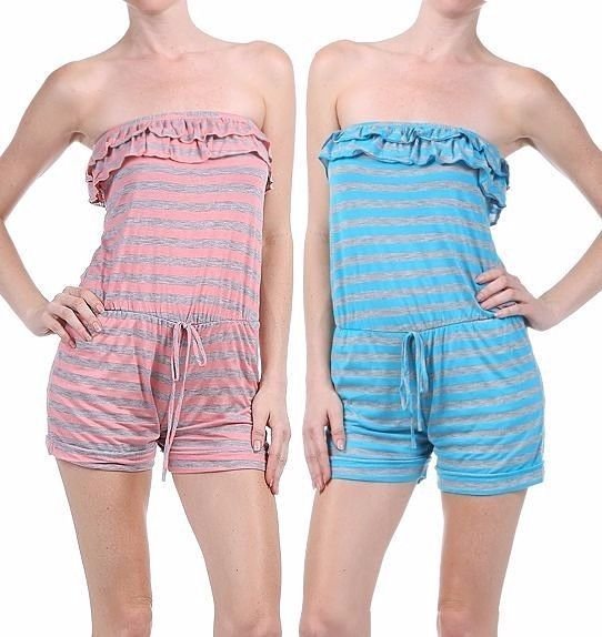 Strapless Striped Short Romper w/ Pull String Waist & Ruffle Detail