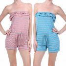 Strapless Striped Short Romper w/ Pull String Waist & Ruffle Detail