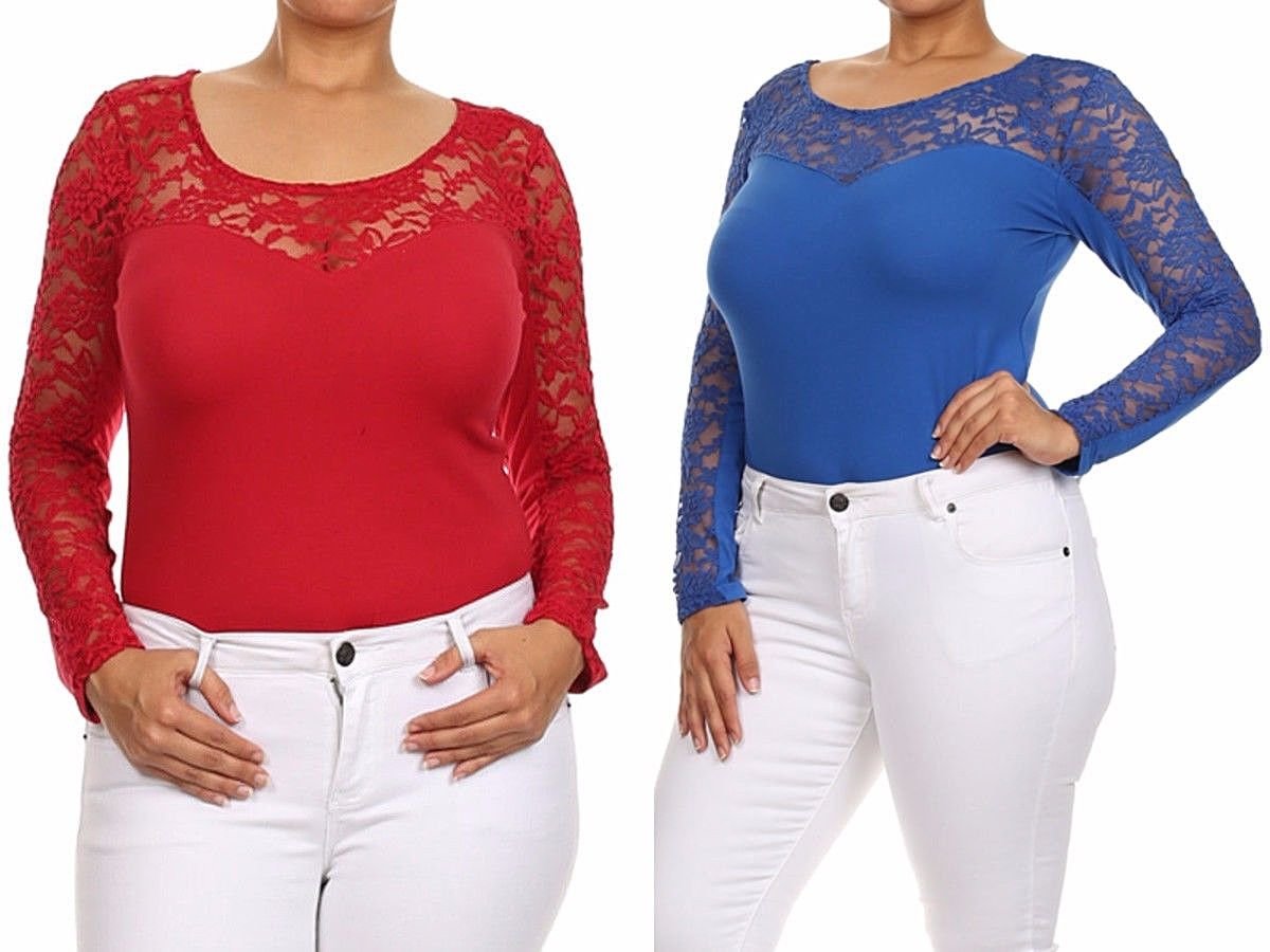 Long Sleeve Stretchy Knit Top Lace Sweetheart Neckline Bodysuit