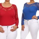 Long Sleeve Stretchy Knit Top Lace Sweetheart Neckline Bodysuit