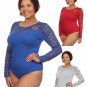 Long Sleeve Stretchy Knit Top Lace Sweetheart Neckline Bodysuit