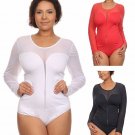 Long Sleeve Stretchy Ponte Roma Knit Bodysuit Top with Sweetheart Mesh Inset