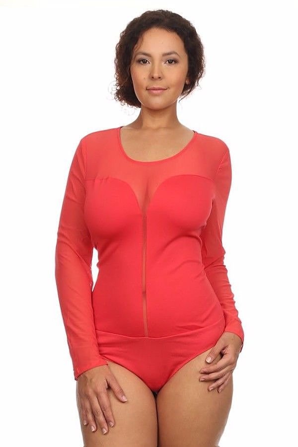 Long Sleeve Stretchy Ponte Roma Knit Bodysuit Top with Sweetheart Mesh Inset
