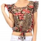 New Chiffon Blouse Leopard Animal & Flowers Printed Crop Top w/ Waist Tie