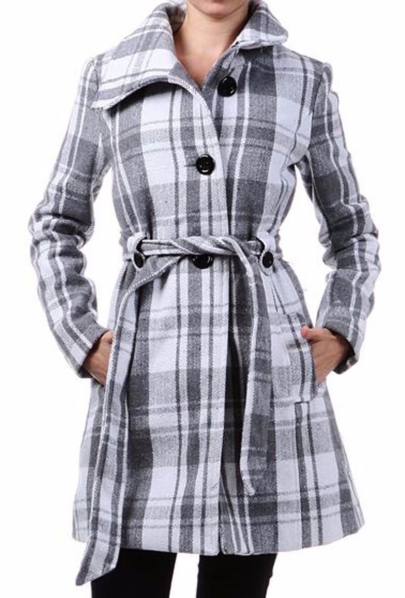 New Woman's Wool Belted White Gray Plaid Fully Lined Coat